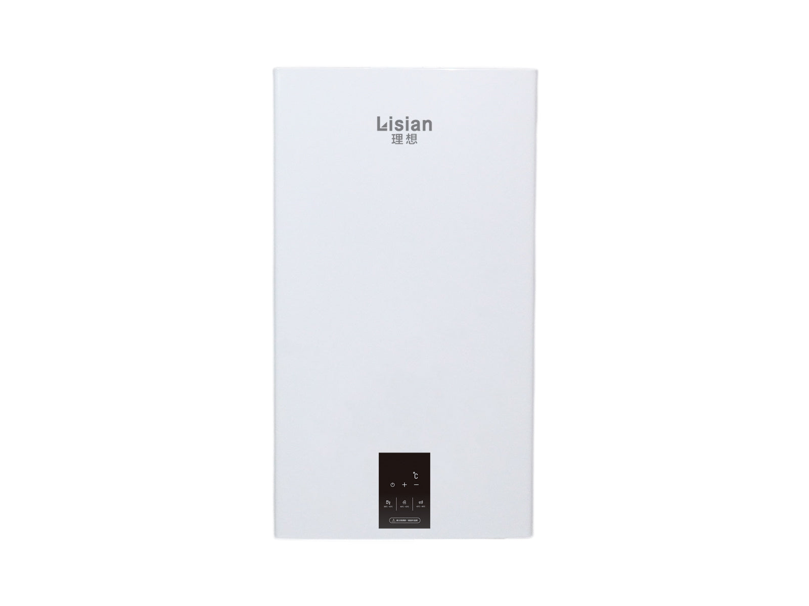 Lisian 理想牌 LH8102 戶外型熱水器產品正面圖,白色外殼,數位觸控面板